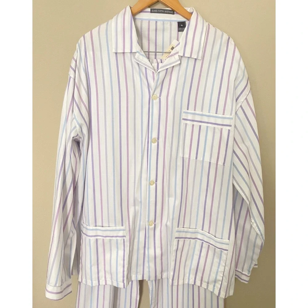 NWT Vtg SAKS FIFTH AVENUE Mens PAJAMA Set XL Cotton Purple Stripe Made in ITALY